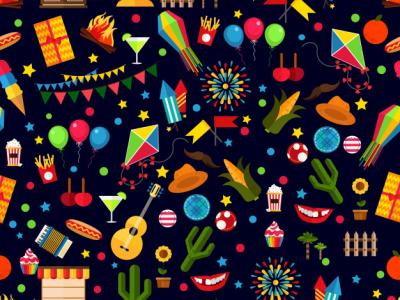 Imagem mostra desenhos de elementos de festas juninas